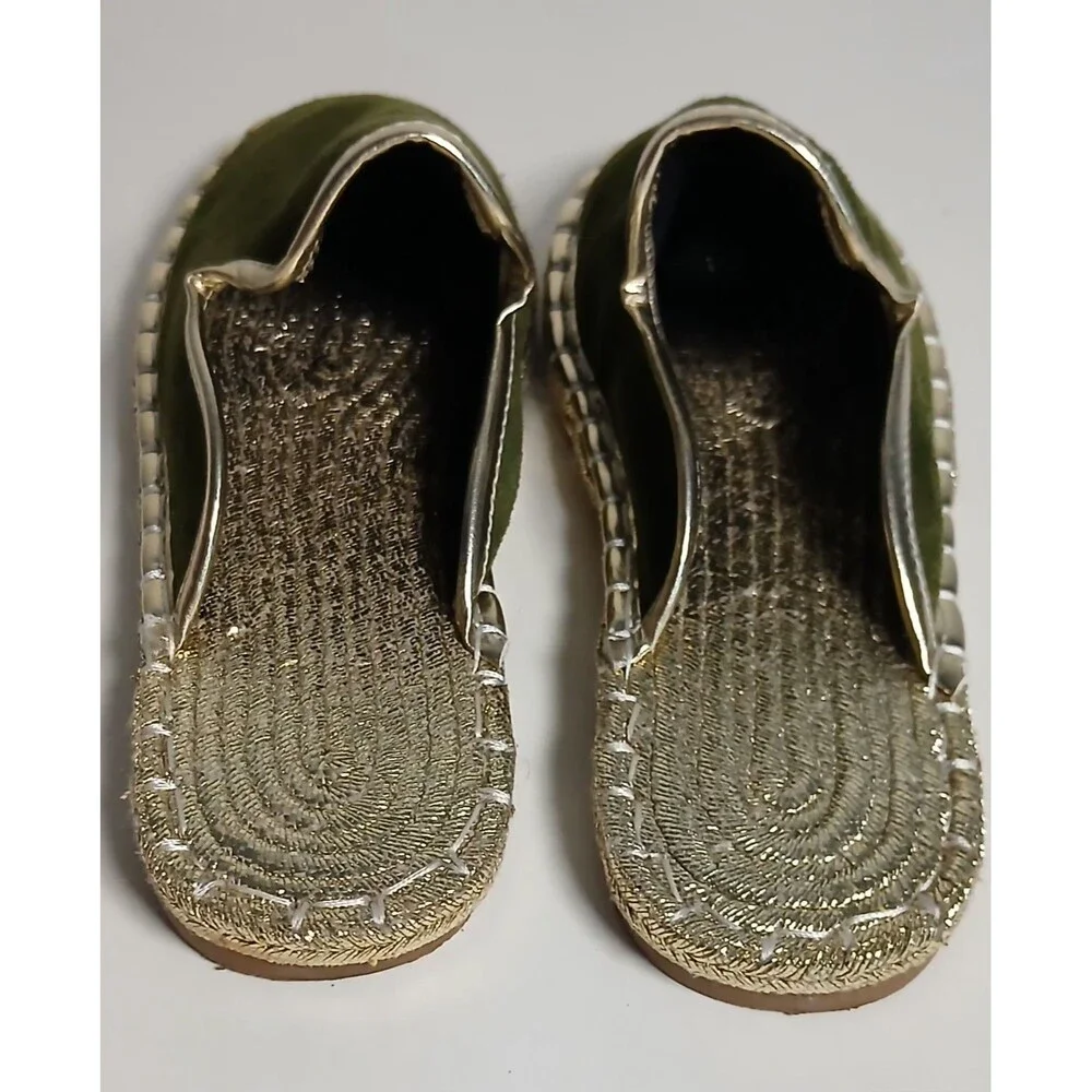 Olive Suede Espadrille Slip On Mules Gold Trim Boutique Boho Luxe Size 7